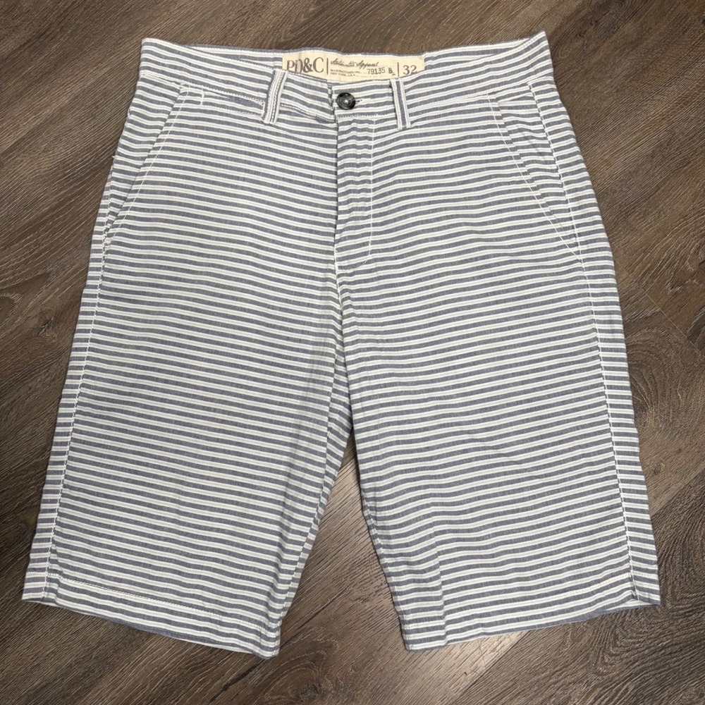 PD&C Mens Blue White Striped Chino Shorts 100% Cotton Size 32 Yacht Preppy Beach